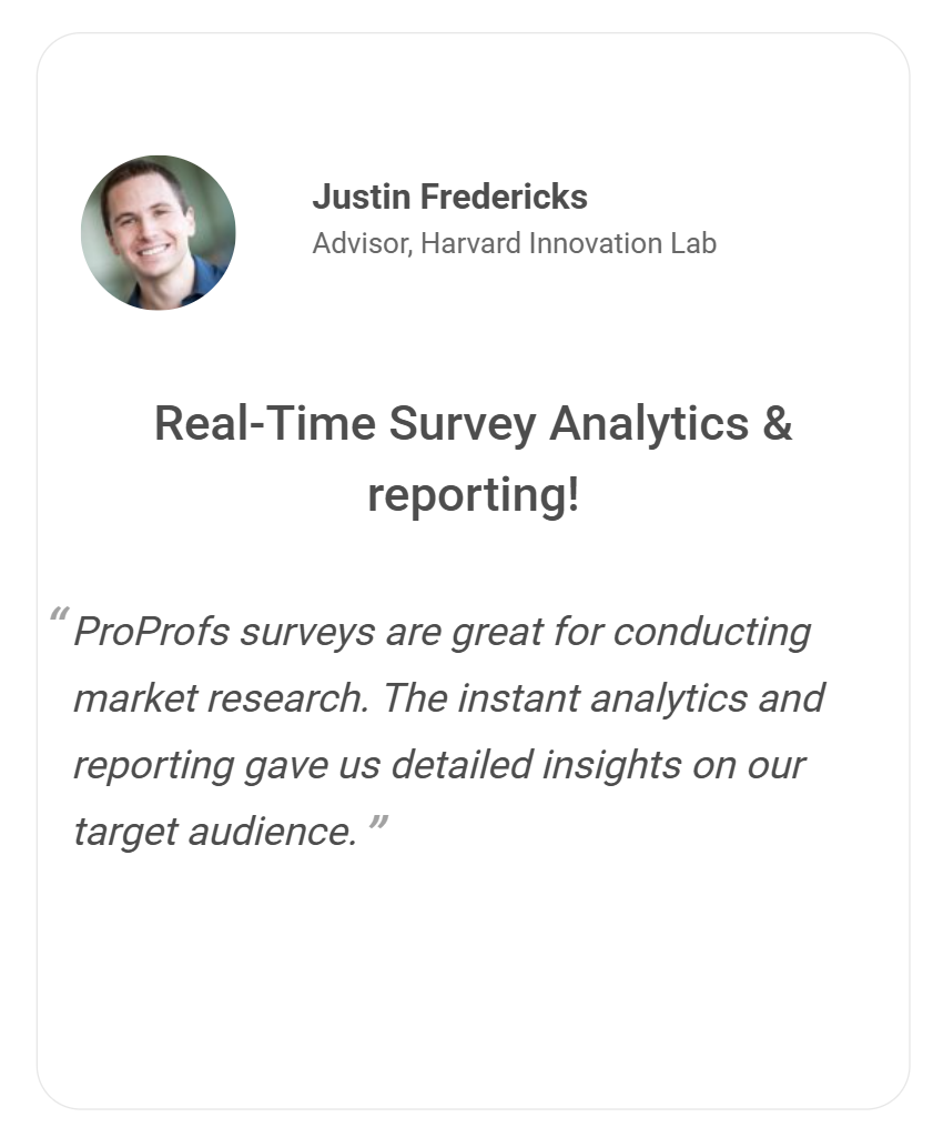 Justin Fredericks at Harvard Innovation Lab reported that ProProfs Survey Maker's instant analytics and reporting gave their team detailed insights on their target audience