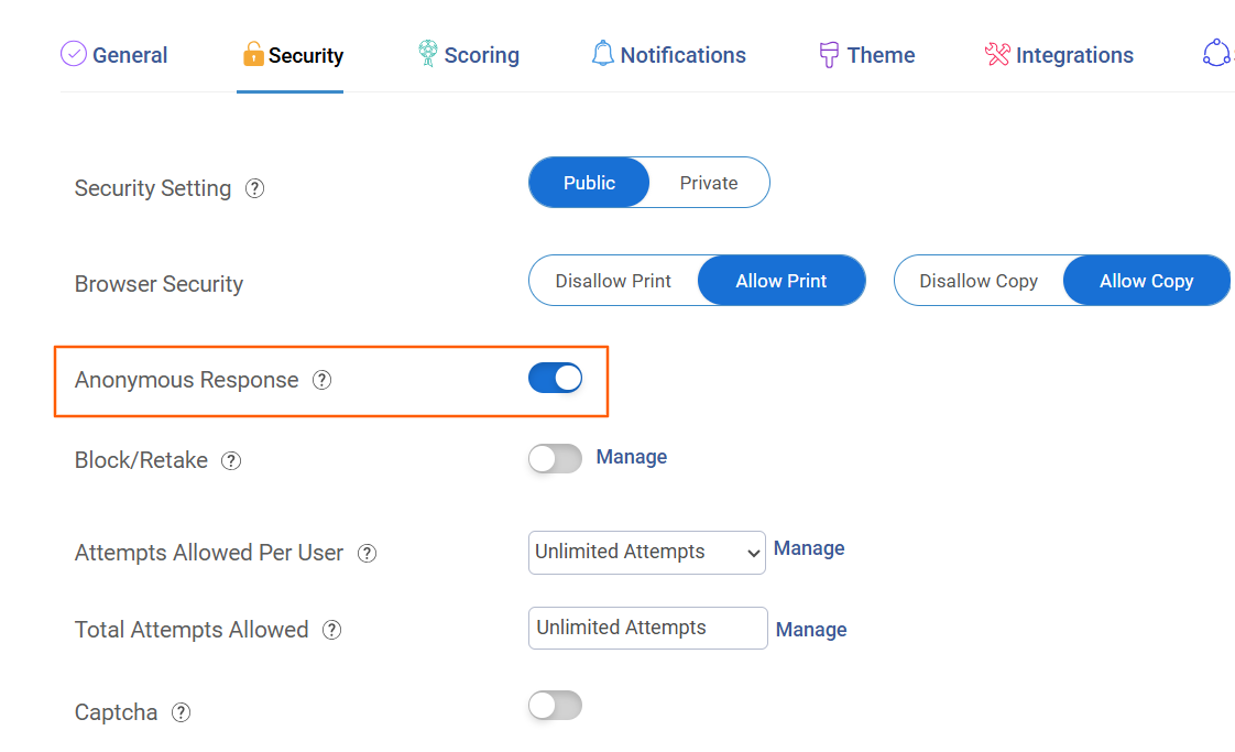 Anonymous survey settings