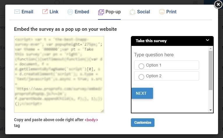 Include your survey as a pop-up