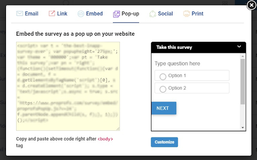 How to embed popup survey