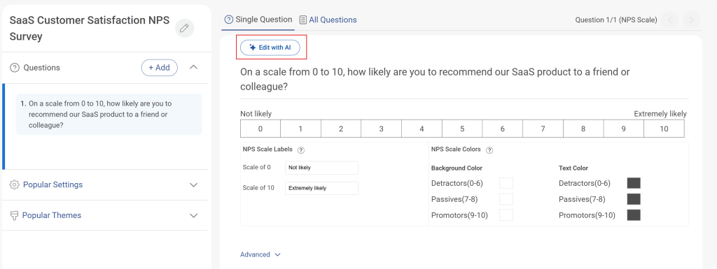 Review each NPS survey question and edit any wording using AI