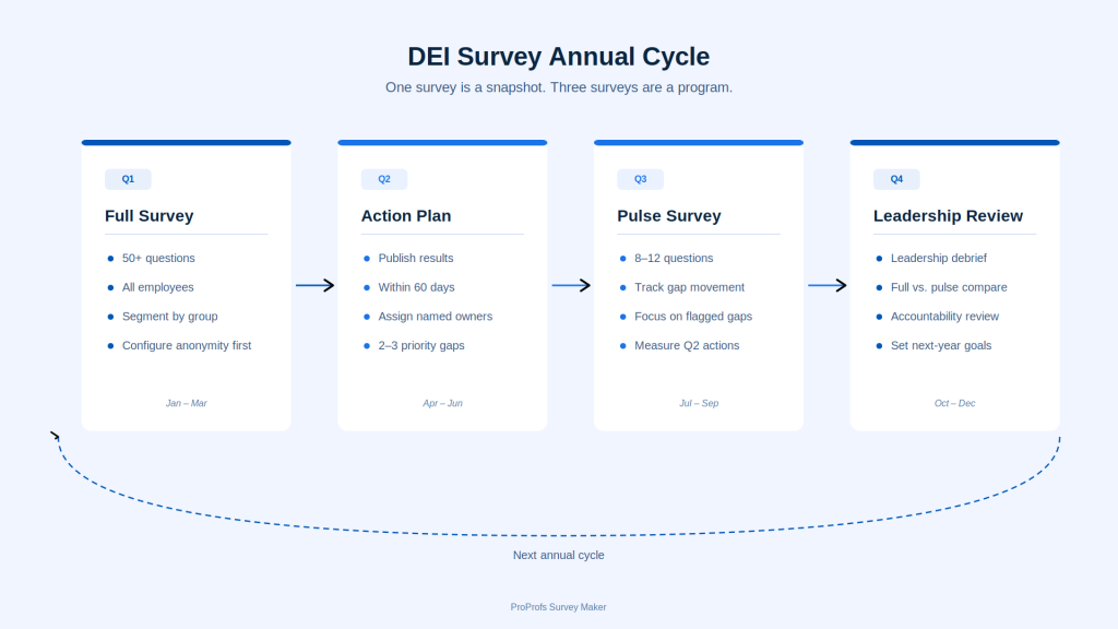 A practical DEI survey annual cycle looks like this: