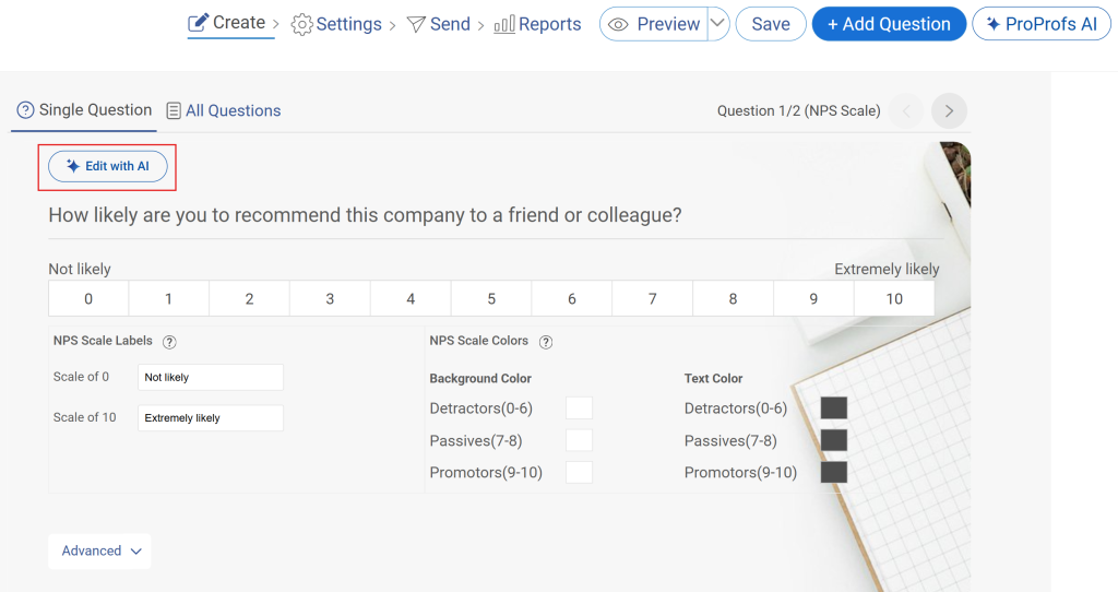edit your survey using AI with ProProfs survey maker