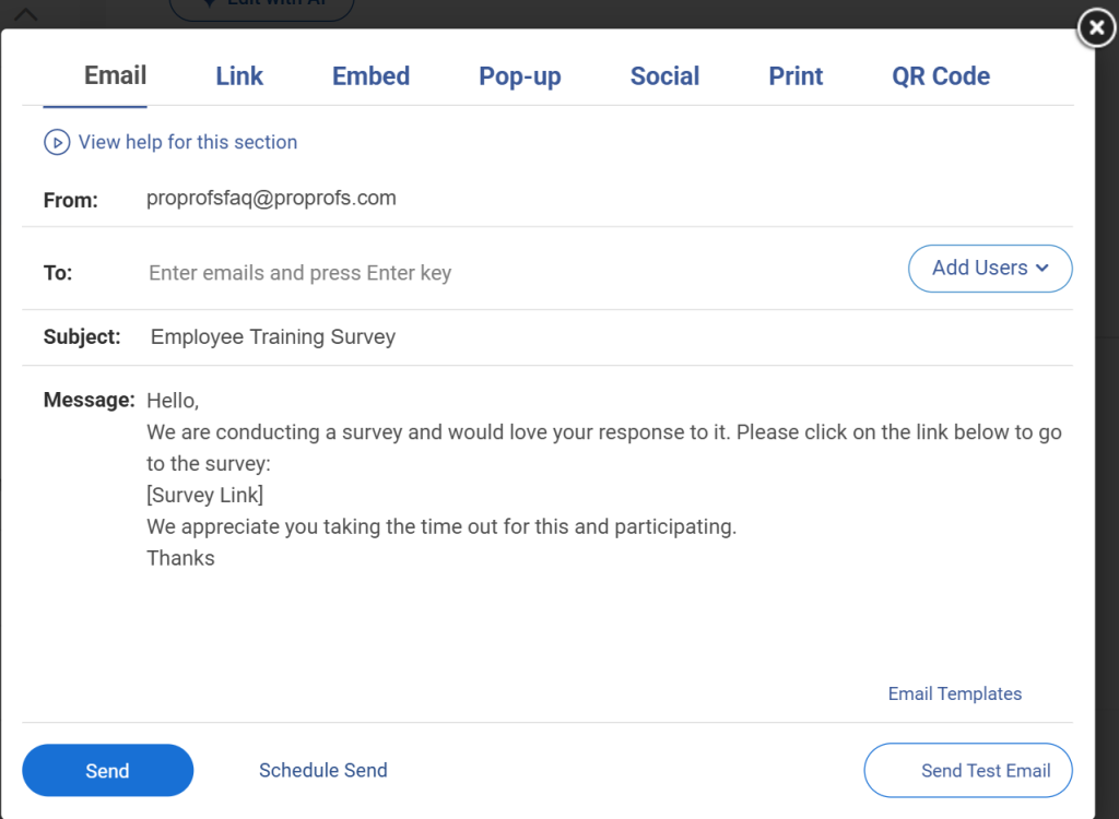 Distribute via direct link, embed in your LMS, send by email, or generate a QR code for in-class completion on respondent devices.