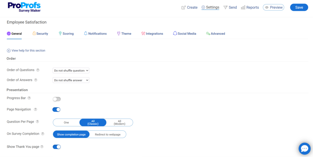 ProProfs AI Survey Maker Settings Dashboard