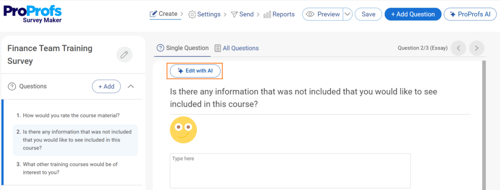ProProfs AI Survey Maker Question Editing Dashboard
