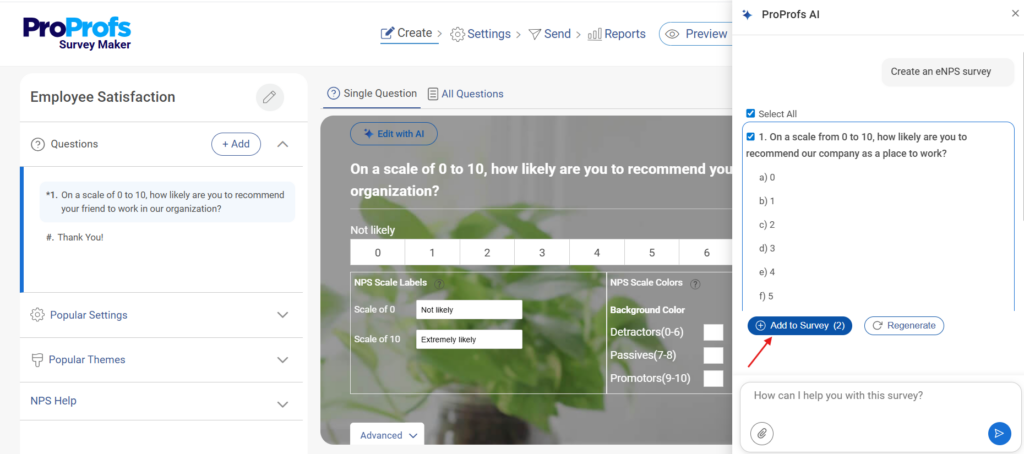 employee net promoter creation using ProProfs Survey AI