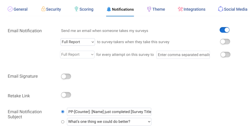 Completion tracking notification settings in ProProfs Survey Maker