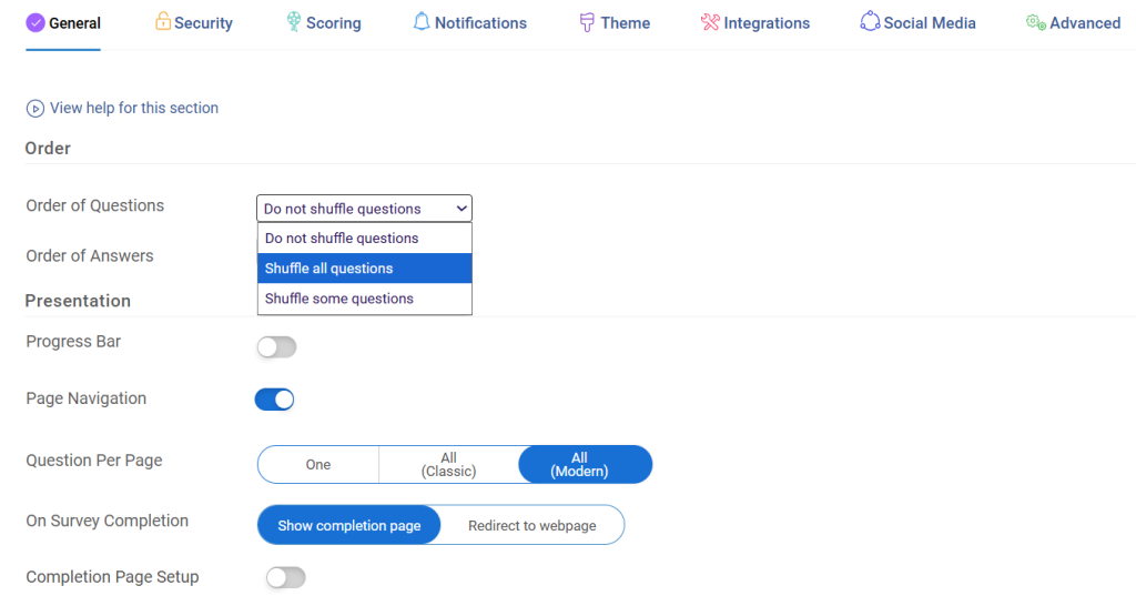 In the survey settings, enable randomization for the section or the full question set.